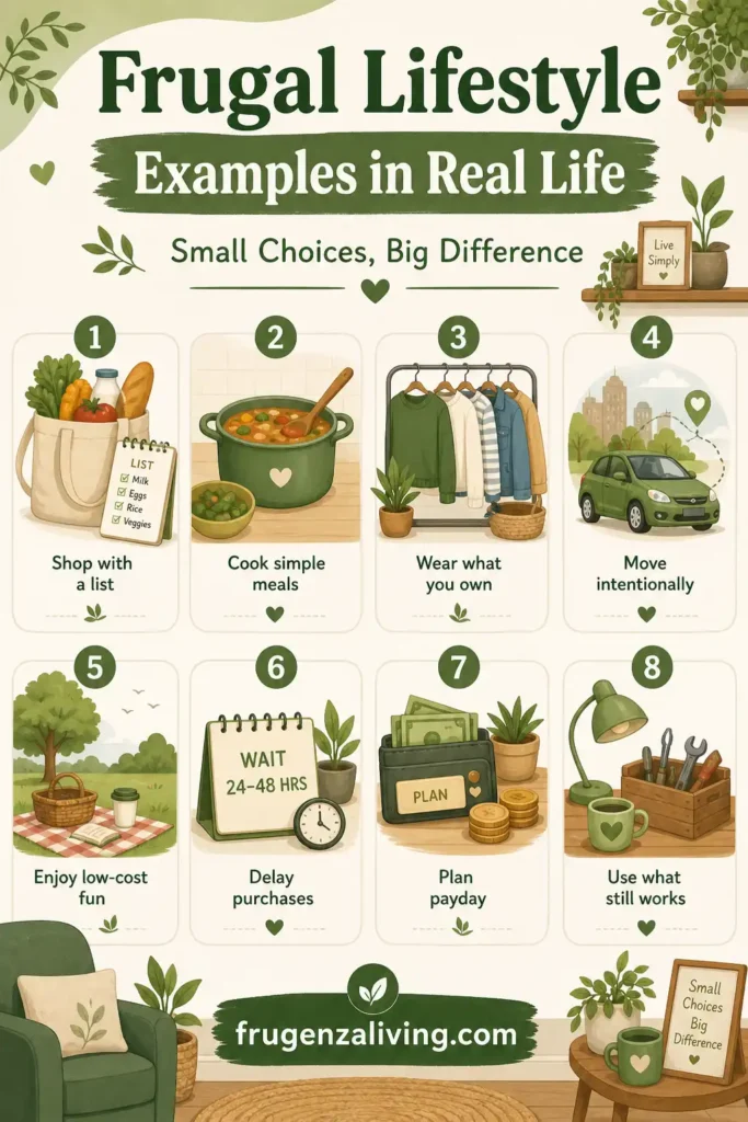 real life frugal living examples infographic with groceries simple meals clothing transport and payday choices