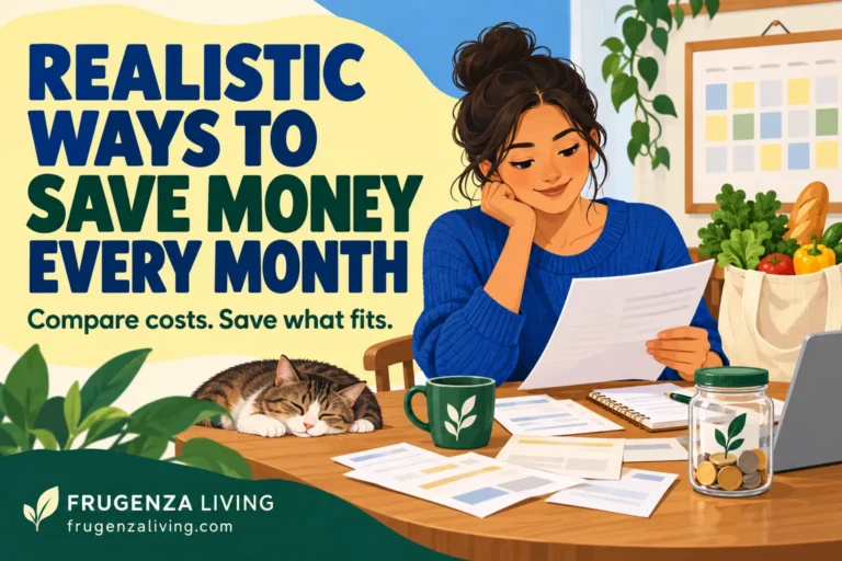 A woman reviewing a monthly budget beside groceries and a savings jar, illustrating flexible savings targets.