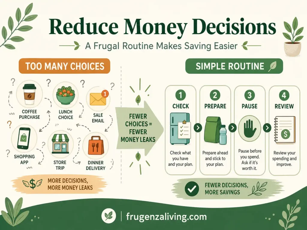 reduce money decisions with a simple frugal routine using check prepare pause and review steps