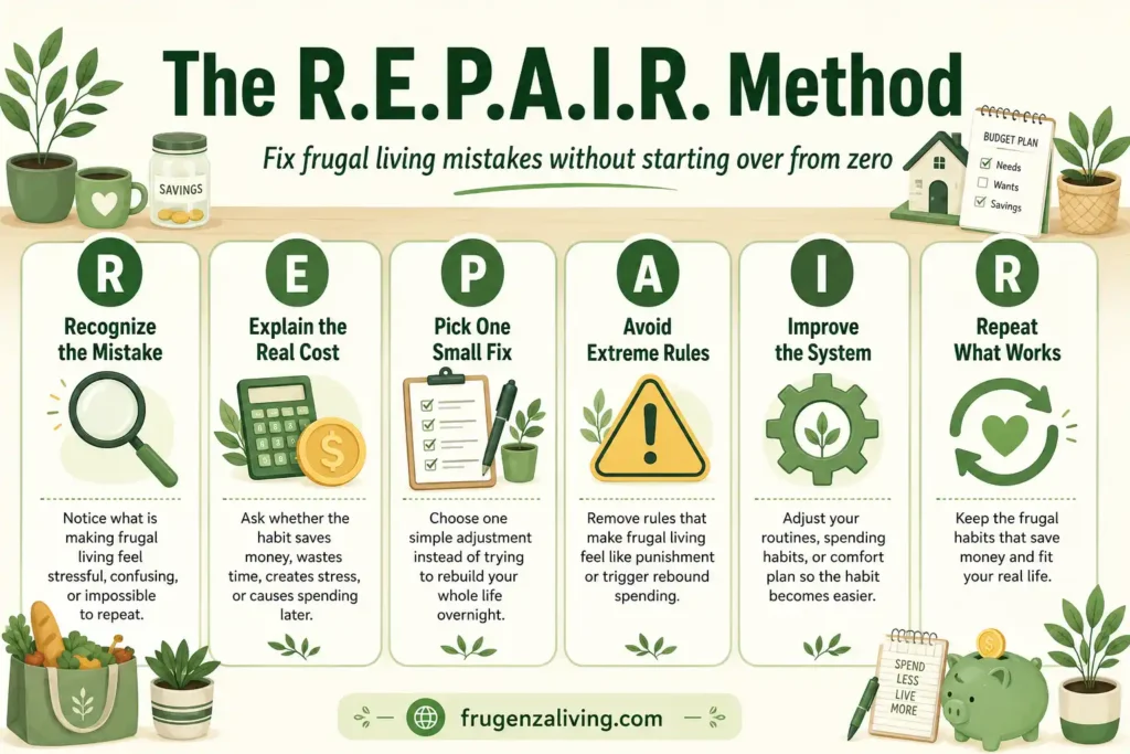 Infographic showing the R.E.P.A.I.R. Method for fixing frugal living mistakes with recognize the mistake, explain the real cost, pick one small fix, avoid extreme rules, improve the system, and repeat what works