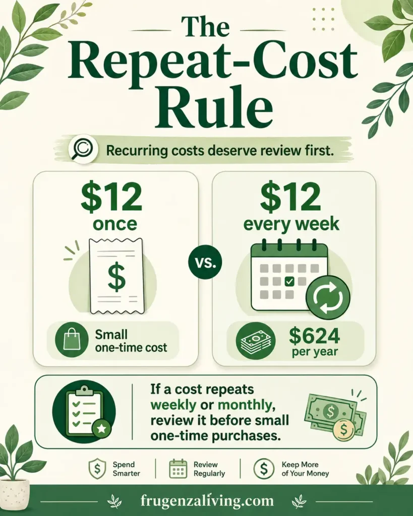 Infographic explaining the repeat-cost rule for household expenses by comparing a 12 dollar one-time cost with a 12 dollar weekly cost that becomes 624 dollars per year