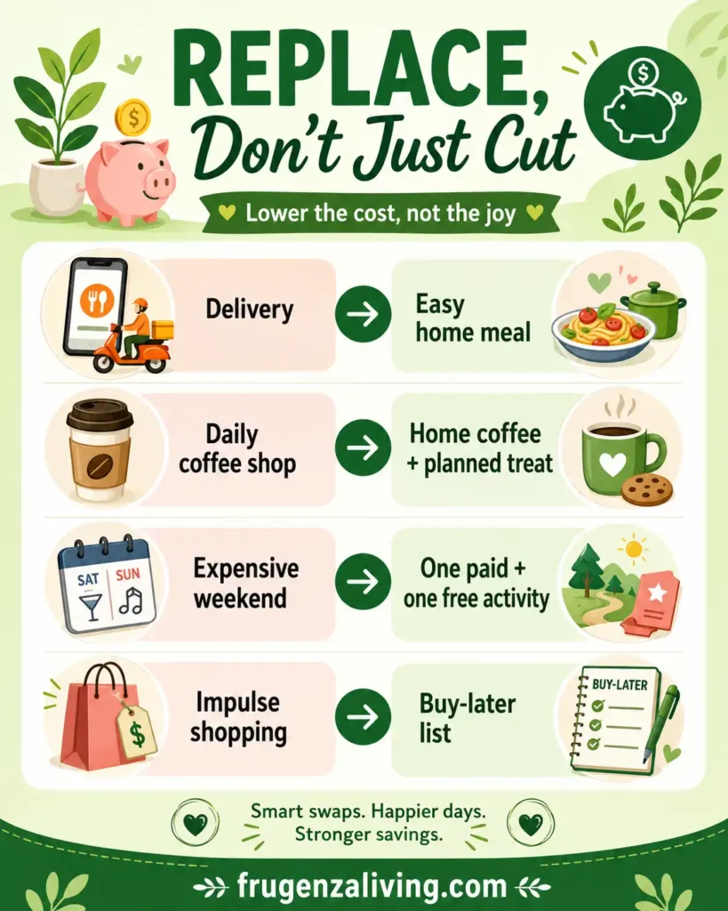 money saving swaps showing delivery to home meal coffee shop to home coffee expensive weekend to cheaper activities and impulse shopping to buy later list