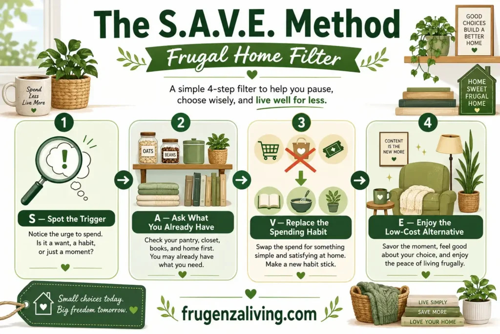 Frugal home filter infographic explaining how to replace spending triggers with low-cost at-home activities using the S.A.V.E. Method