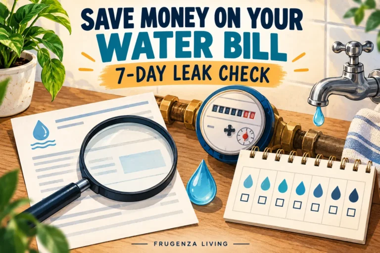 Illustrated water bill, meter, faucet, and seven-day leak-check calendar without savings figures.
