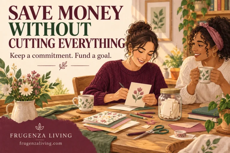 Two friends at a table with greeting-card supplies and a savings jar, illustrating selective spending choices.