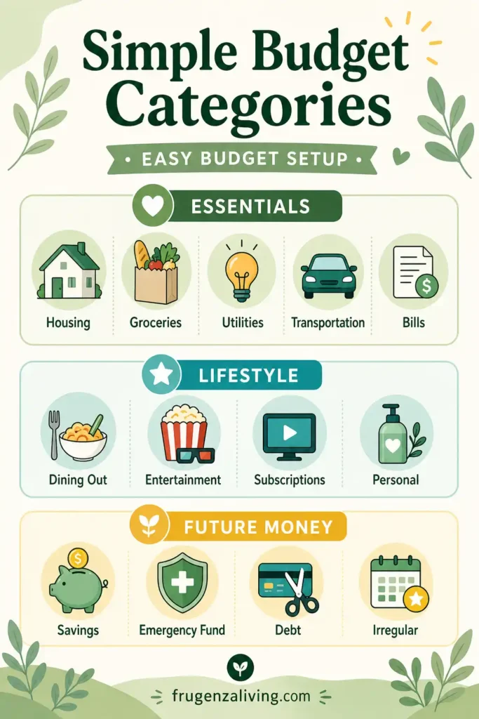 Simple budget categories infographic showing essentials lifestyle and future money for easy budget setup