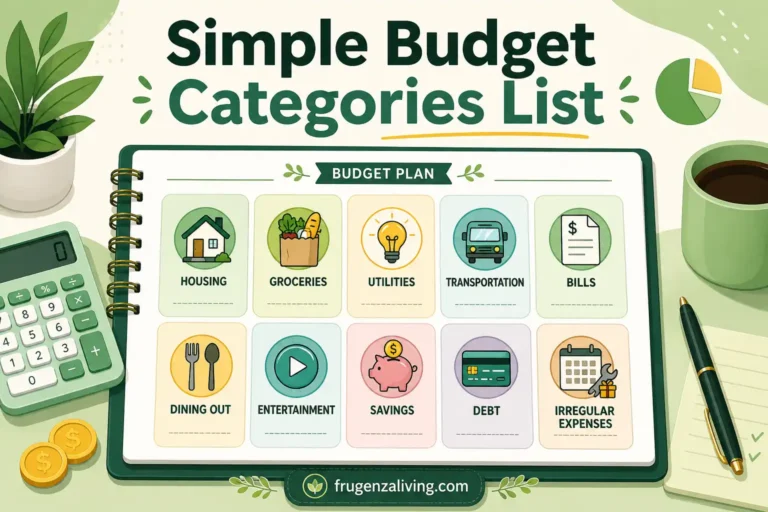 Simple budget categories list for beginners with housing groceries utilities savings debt and irregular expenses