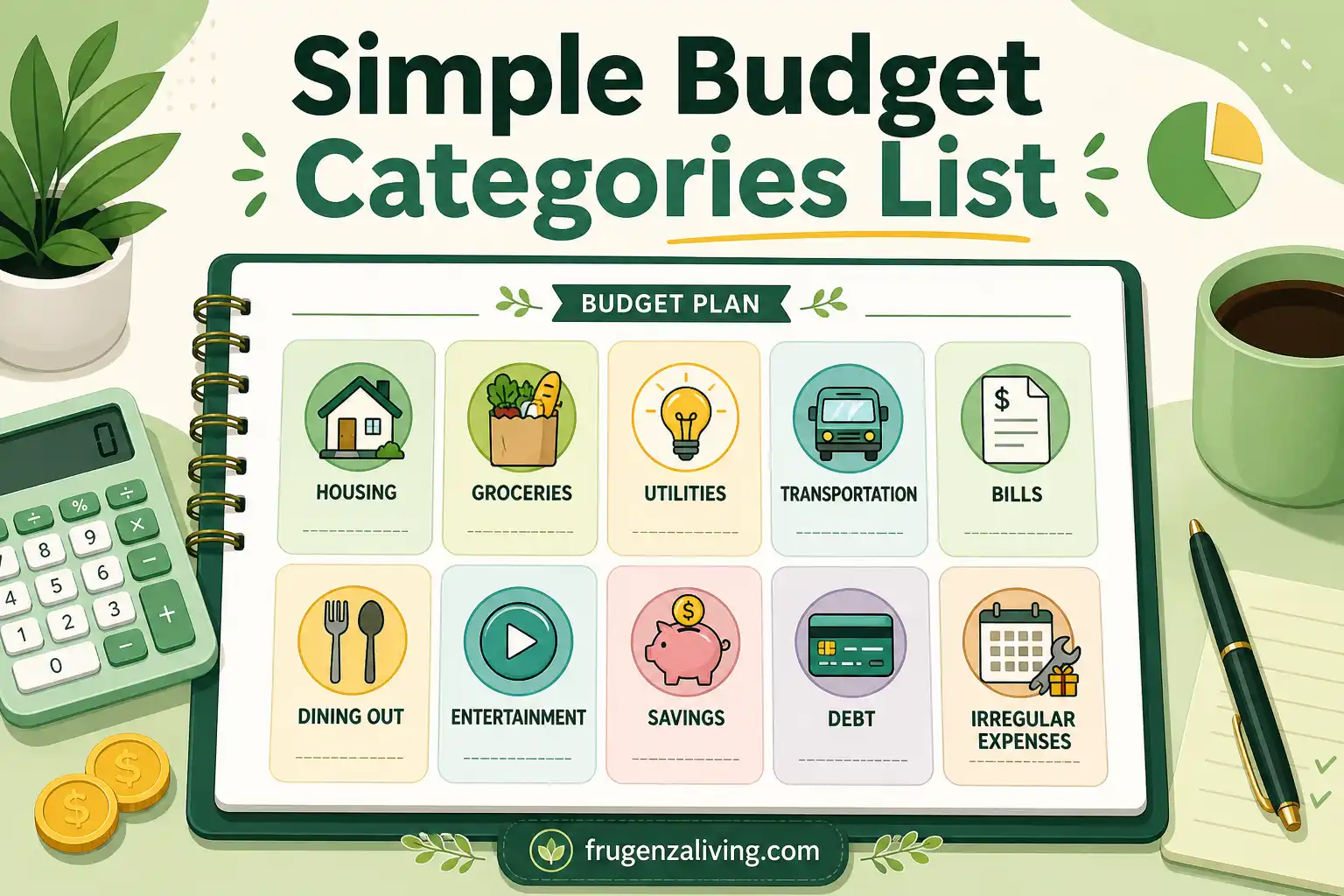 Simple budget categories list for beginners with housing groceries utilities savings debt and irregular expenses