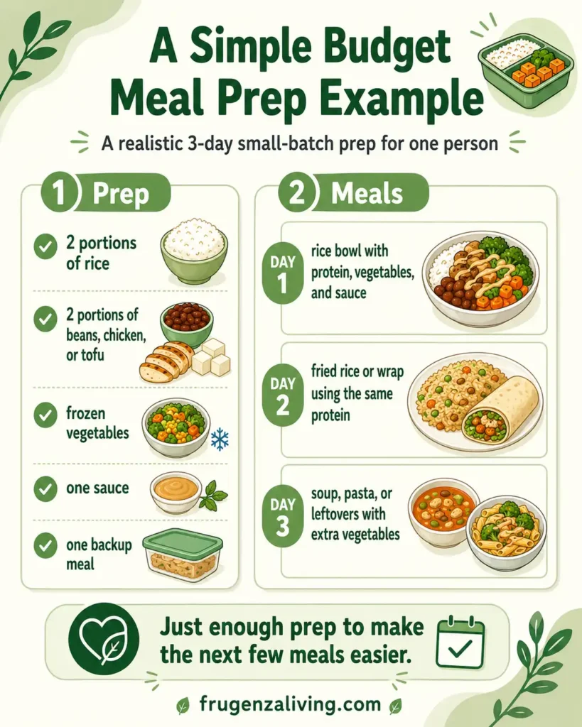 Checklist infographic showing a simple budget meal prep example for one person with rice, protein, frozen vegetables, sauce, and three easy meals