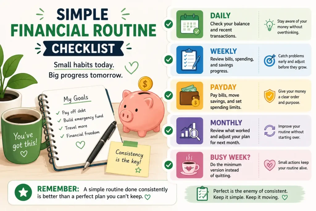 Checklist infographic showing a simple financial routine for beginners with daily, weekly, payday, monthly, and busy week money habits