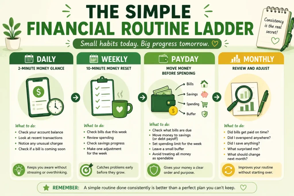 Infographic showing a simple financial routine ladder with daily, weekly, payday, and monthly money habits