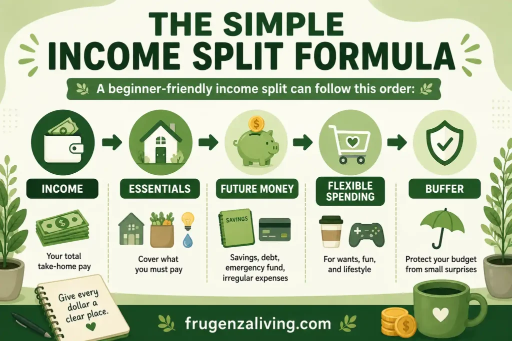 simple income split formula income essentials future money flexible spending buffer visual