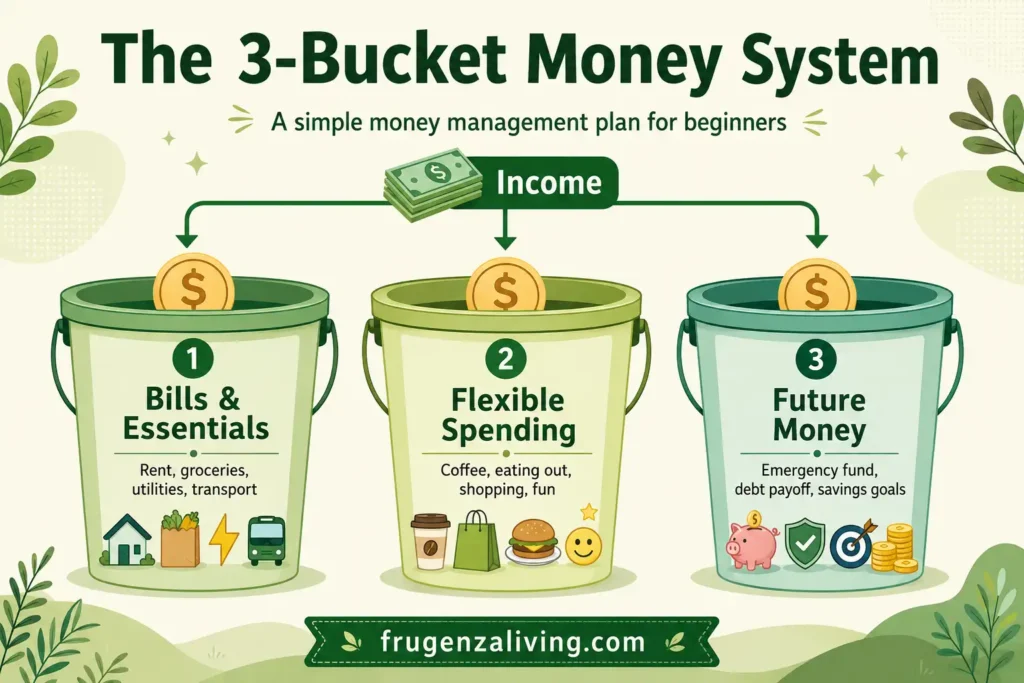 Infographic showing a simple money management plan for beginners using three buckets for bills, flexible spending, and future money