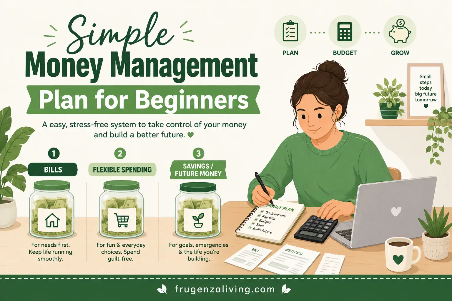 2D illustration of a simple money management plan for beginners with bills, flexible spending, and future money buckets