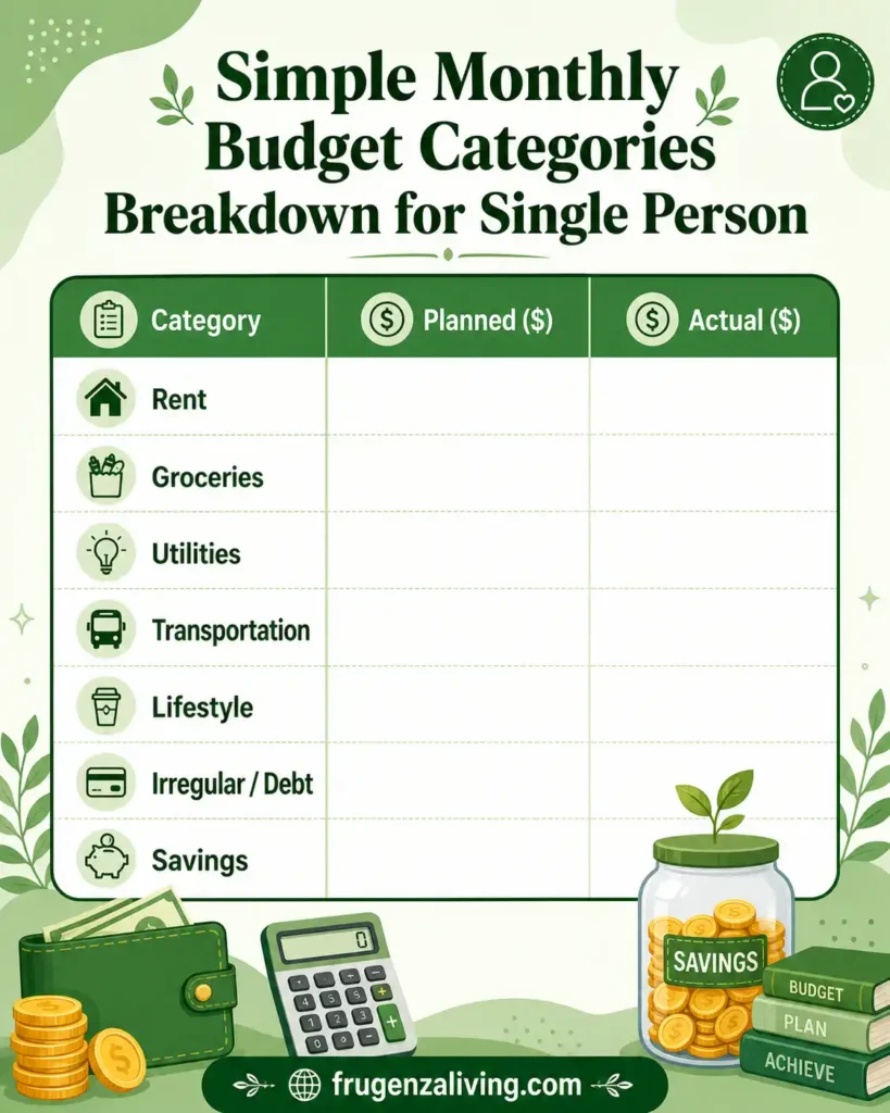 monthly budget template for single person with planned and actual expenses