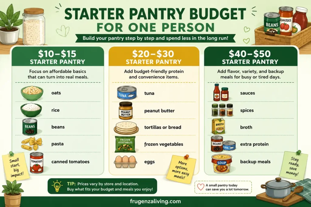 Infographic showing a simple pantry meal formula for one person using a base, protein, flavor, and vegetables to create easy pantry meals