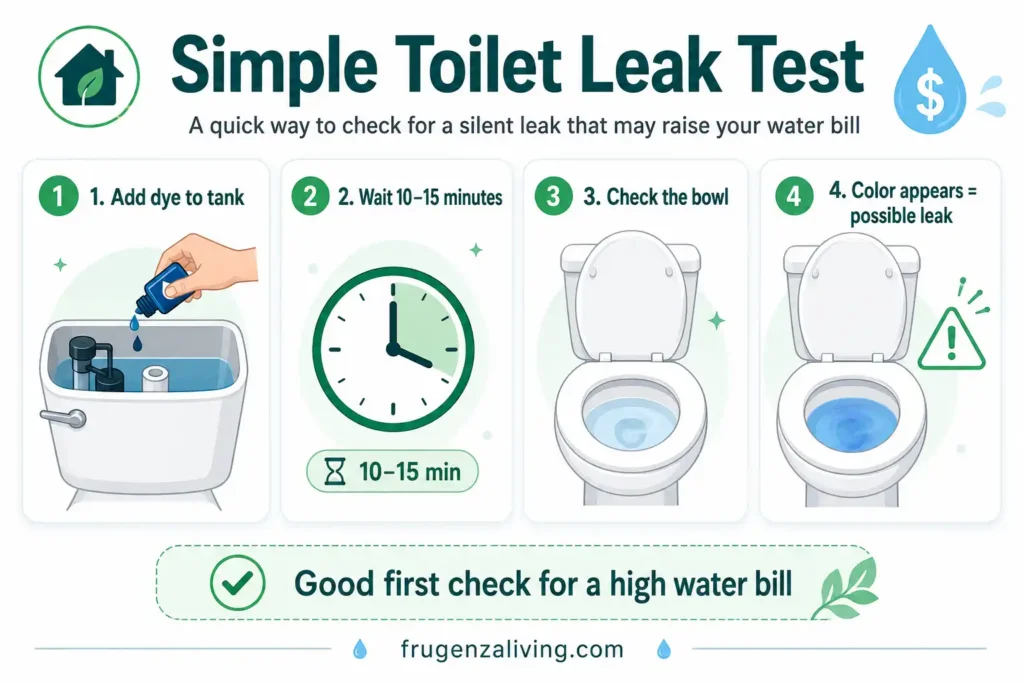 Infographic showing a simple toilet leak test with dye added to the tank, waiting 10 to 15 minutes, checking the bowl, and identifying a possible leak that may raise a water bill