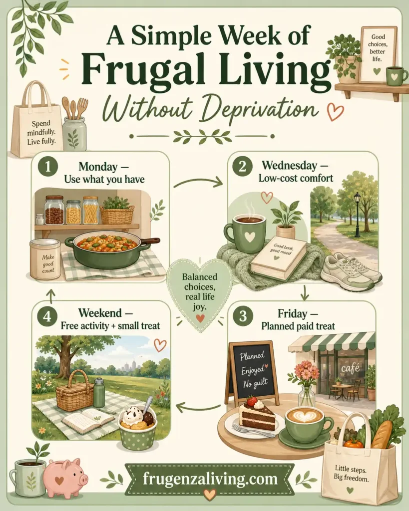 simple week of frugal living without deprivation with low cost comfort planned treat and free activity