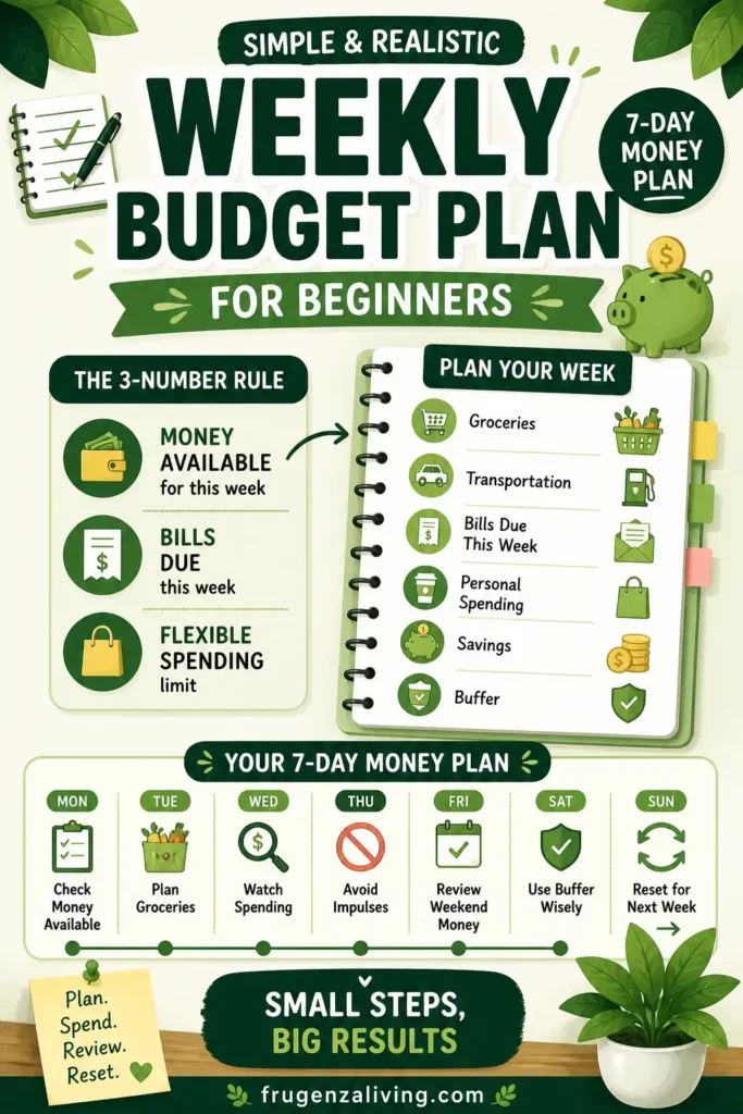 simple weekly budget infographic showing 7 day money plan and beginner weekly budgeting steps