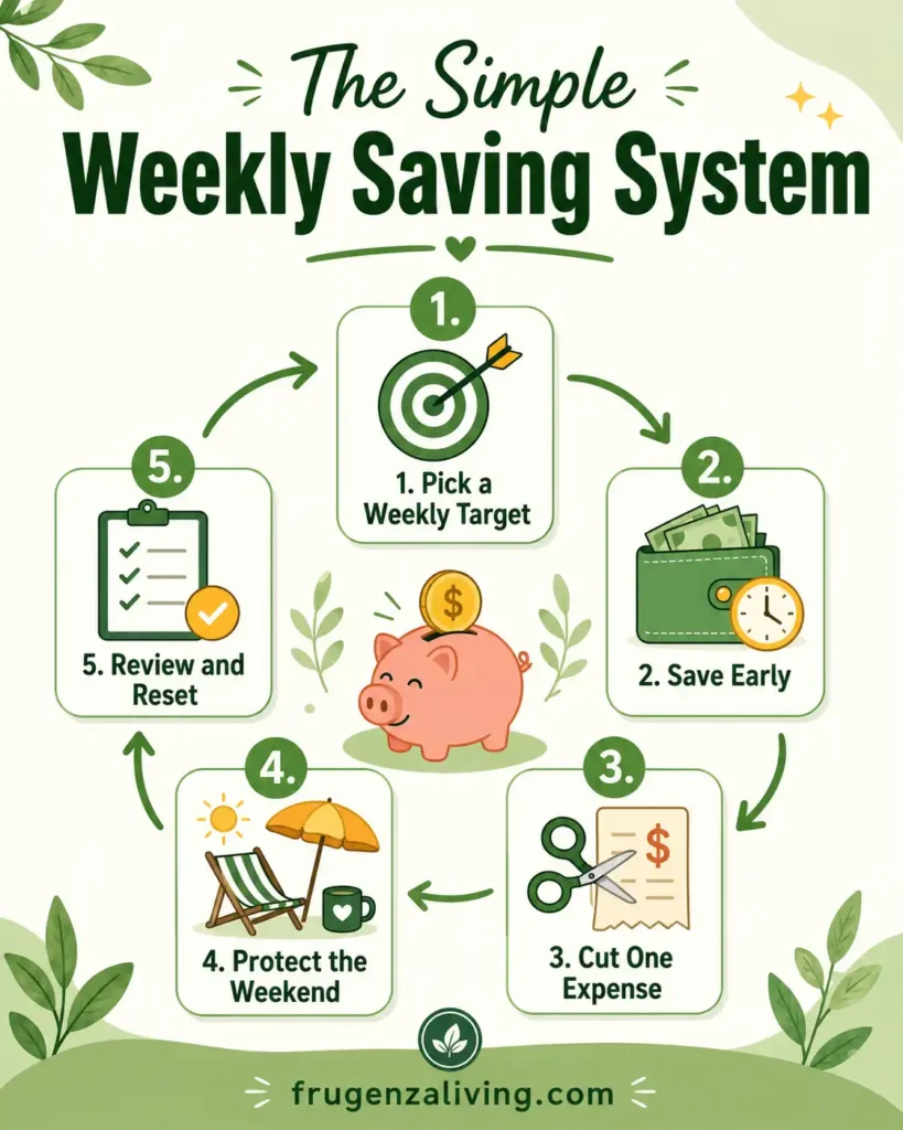 simple weekly saving system with pick a target, save early, cut one expense, protect the weekend, and review