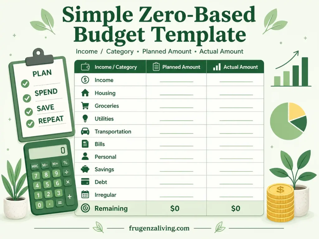 simple zero-based budget template with planned and actual amount columns