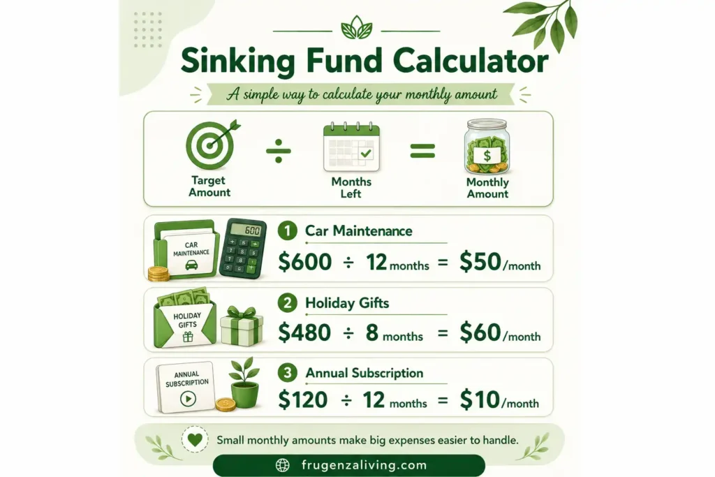 Sinking fund calculator infographic showing target amount divided by months left to calculate the monthly amount for car maintenance, holiday gifts, and annual subscriptions