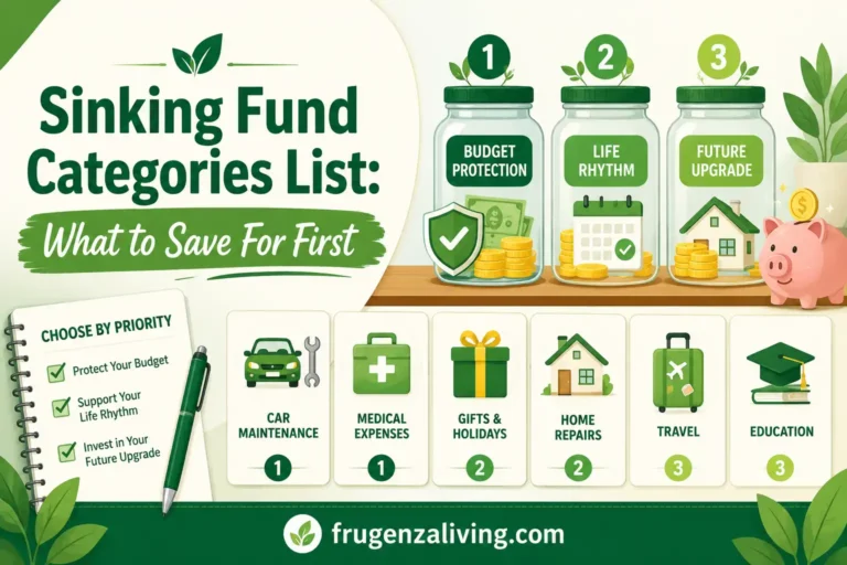 Sinking fund categories list illustration showing what to save for first with car maintenance, medical expenses, gifts, home repairs, travel, and education categories