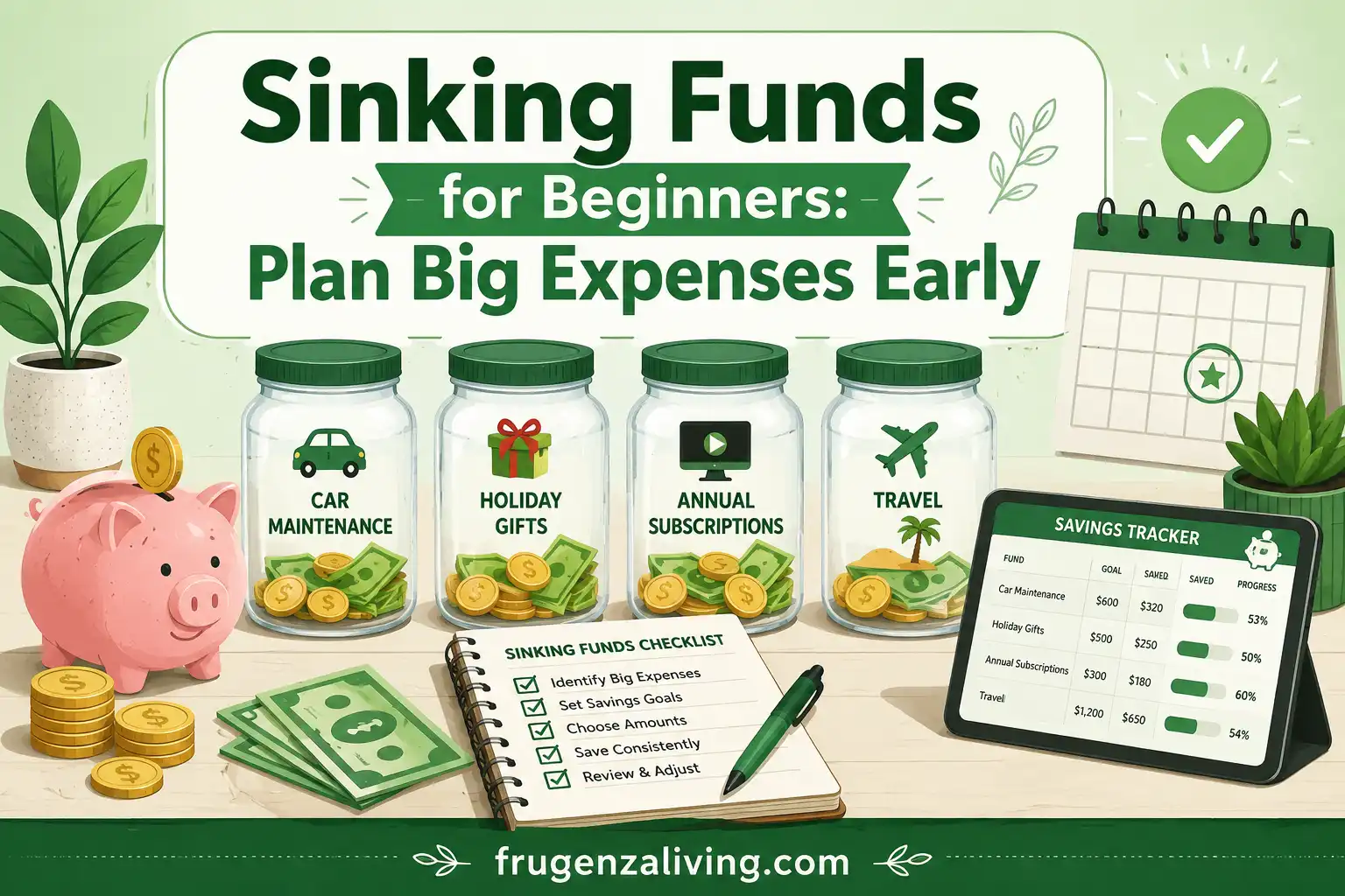 Sinking funds for beginners illustration showing planned expense savings jars, monthly tracker, calculator, and future expense planning