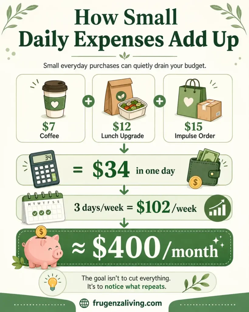 Infographic showing how small daily expenses like coffee, lunch upgrades, and impulse orders can add up to around 400 dollars per month