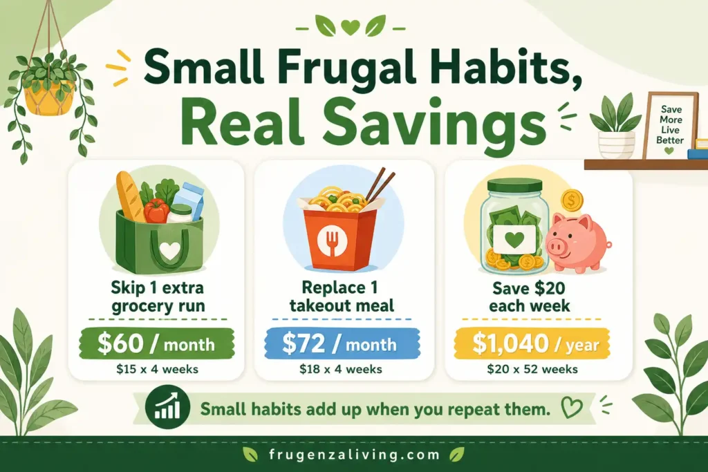 small frugal habits real monthly savings showing grocery savings takeout savings and automatic savings