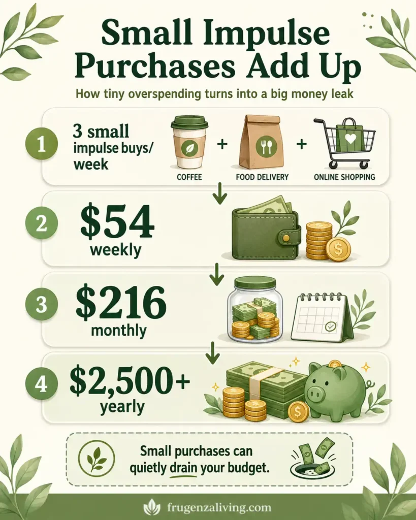 Scenario visual showing how three small impulse purchases per week can add up to more than 2500 dollars per year