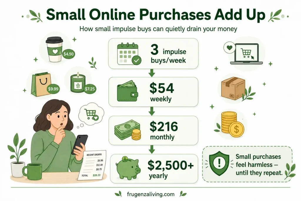 Infographic showing how three small online impulse purchases per week can add up to 54 dollars weekly, 216 dollars monthly, and over 2500 dollars yearly