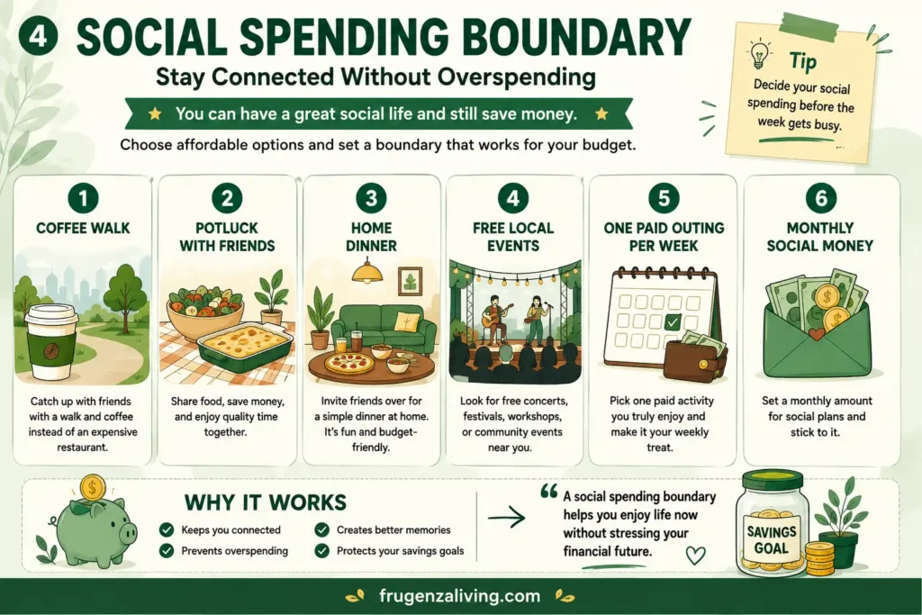 Infographic showing affordable social spending ideas for singles including coffee walks, potlucks, home dinners, free local events, one paid outing, and monthly social money