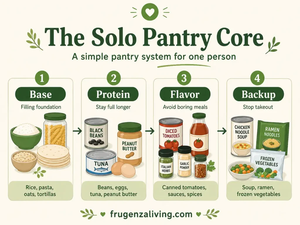 Infographic showing the solo pantry core with base, protein, flavor, and backup pantry staples for one person