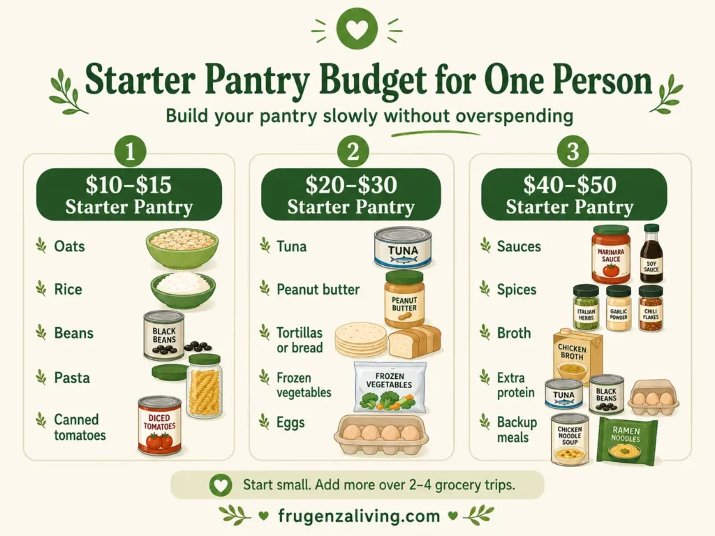 Infographic showing starter pantry budget levels for one person from 10 dollars to 50 dollars with oats, rice, beans, tuna, peanut butter, eggs, sauces, and backup meals