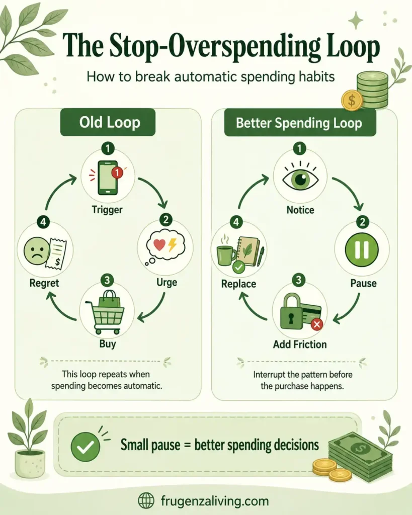 Infographic showing the old overspending loop and a better spending loop to help break automatic spending habits