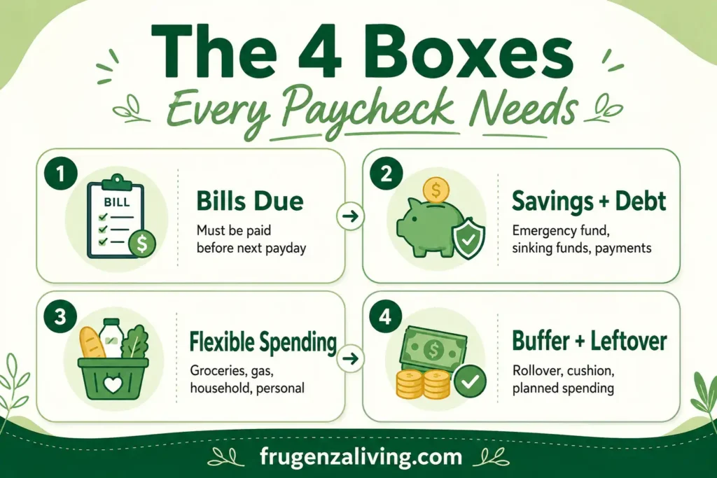 Infographic showing the four boxes every paycheck needs: bills due, savings and debt, flexible spending, and buffer