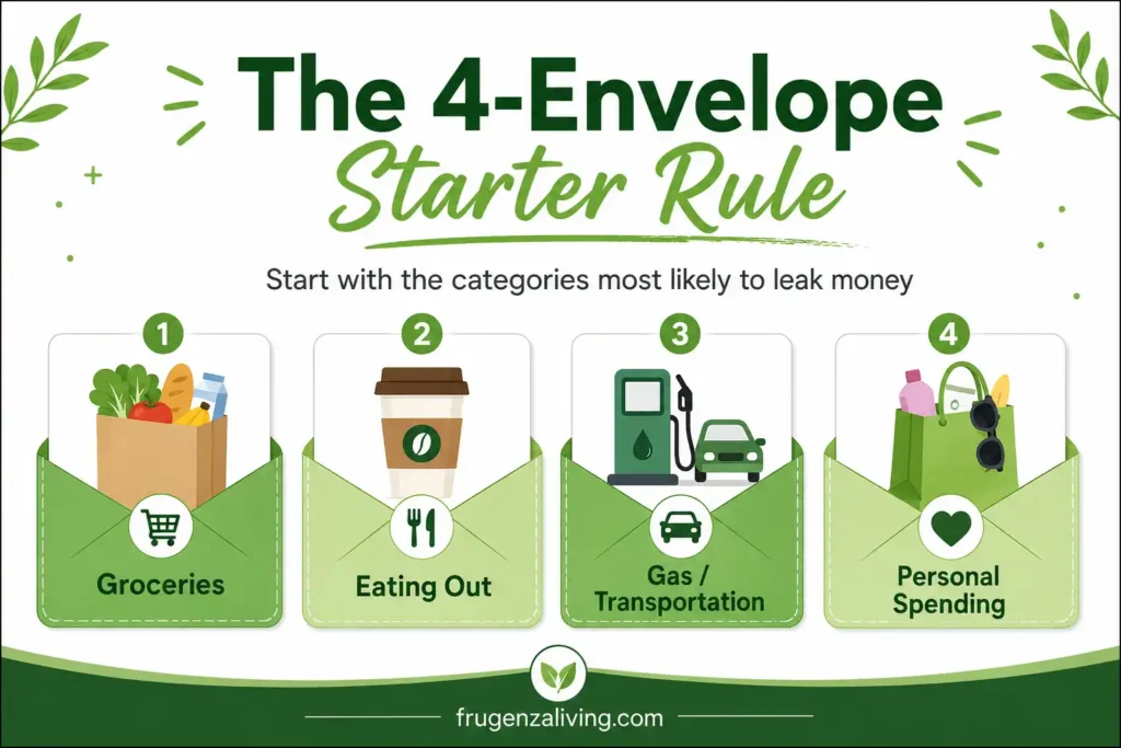 Cash envelope categories for beginners showing four starter envelopes for groceries, eating out, transportation, and personal spending