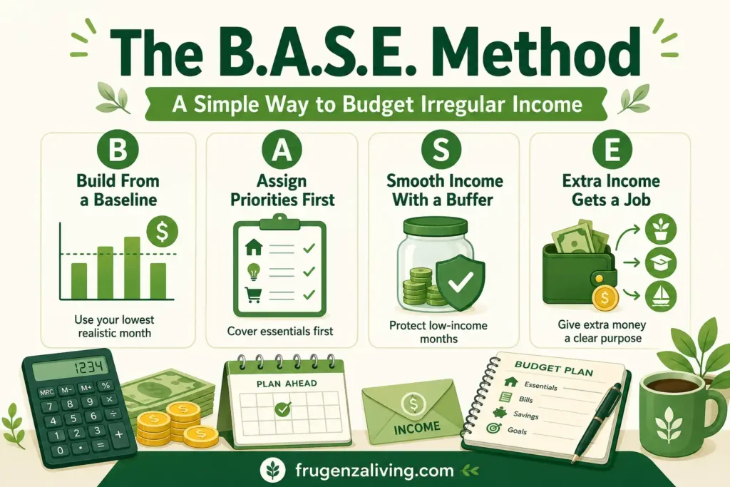 The B.A.S.E. Method infographic showing how to budget irregular income using a baseline, priorities, cash buffer, and extra income