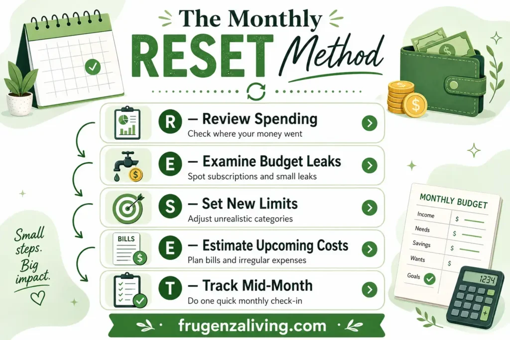 Infographic showing the Monthly RESET Method with review spending, examine budget leaks, set new limits, estimate costs, and track mid-month