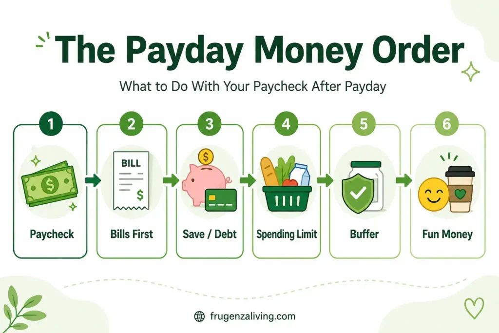 Infographic showing what to do with your paycheck after payday before spending money