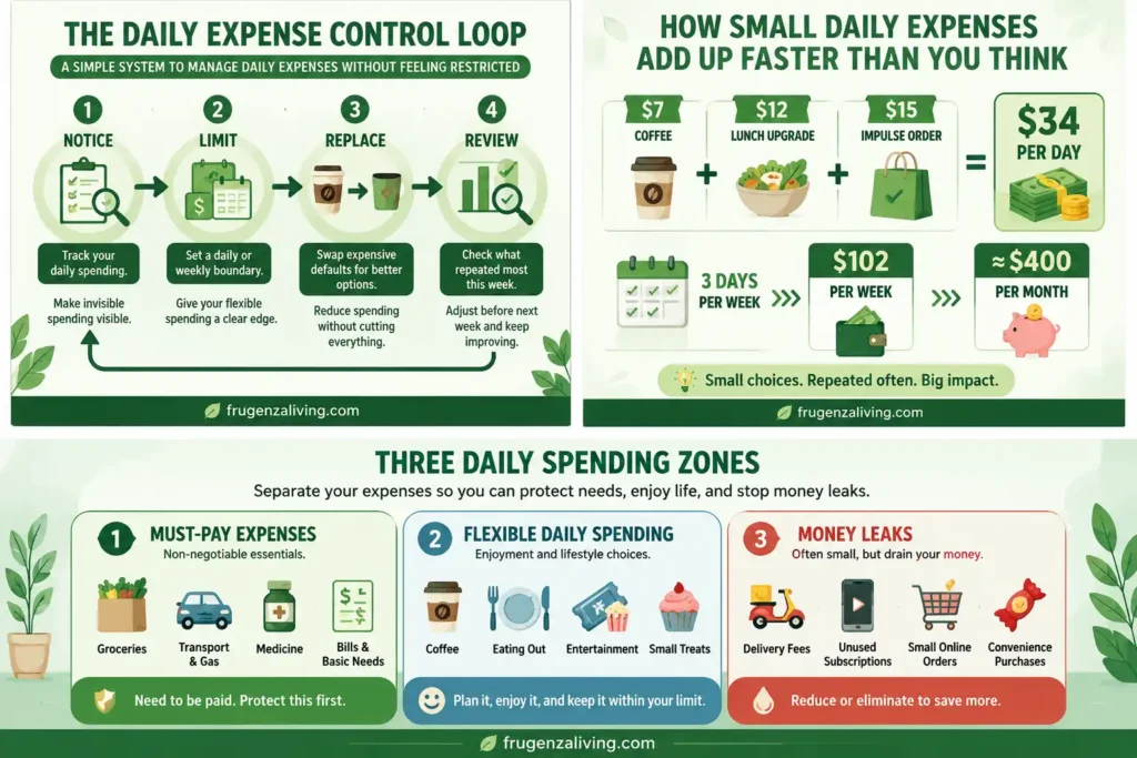 Infographic showing three daily spending zones for must-pay expenses, flexible daily spending, and money leaks