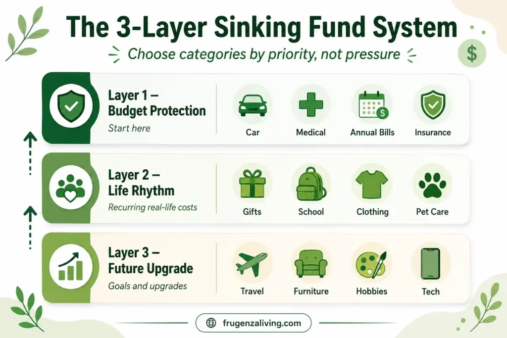 Infographic showing the 3-layer sinking fund category system with budget protection, life rhythm, and future upgrade categories