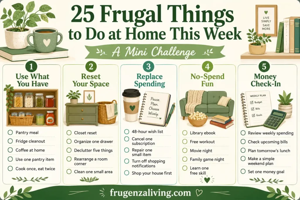 Frugal things to do at home checklist with low-cost activities for using what you have, resetting your space, replacing spending, and saving money