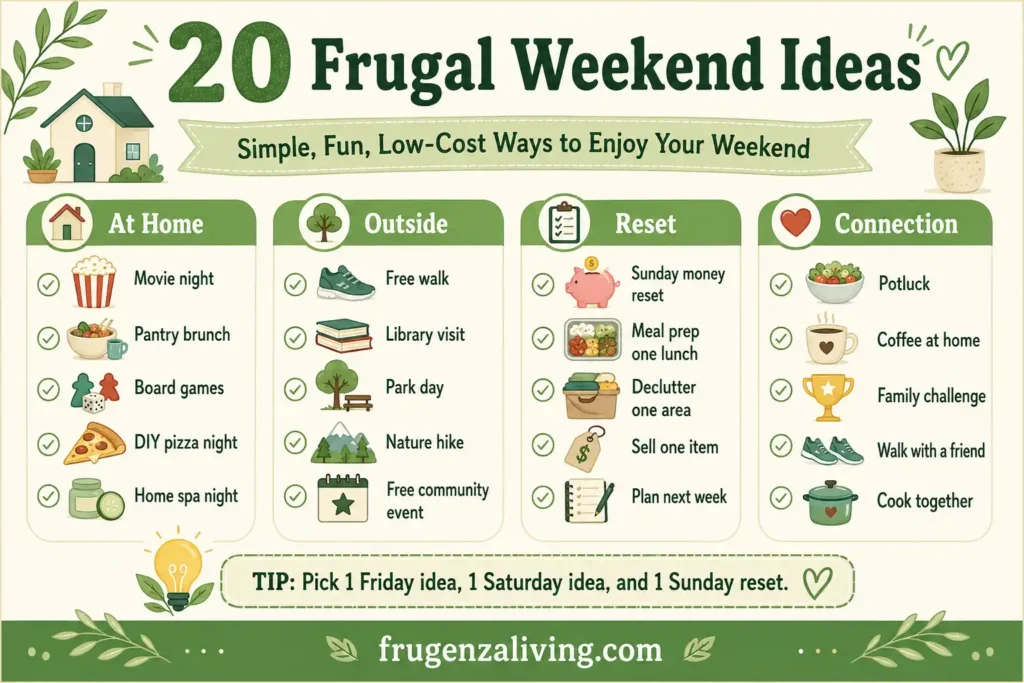 Frugal weekend ideas checklist with low-cost activities for at home, outside, reset, and connection