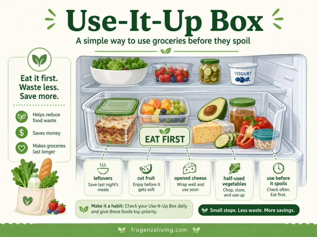 Infographic showing a fridge use-it-up box for leftovers, cut fruit, opened cheese, half-used vegetables, and food that needs to be eaten soon