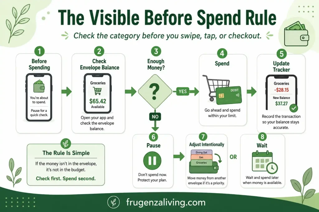 Digital cash envelope system flowchart showing how to check envelope balance before debit card spending or online checkout
