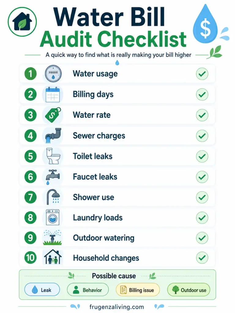 Checklist infographic for a water bill audit showing water usage, billing days, water rate, sewer charges, toilet leaks, faucet leaks, shower use, laundry loads, outdoor watering, and household changes