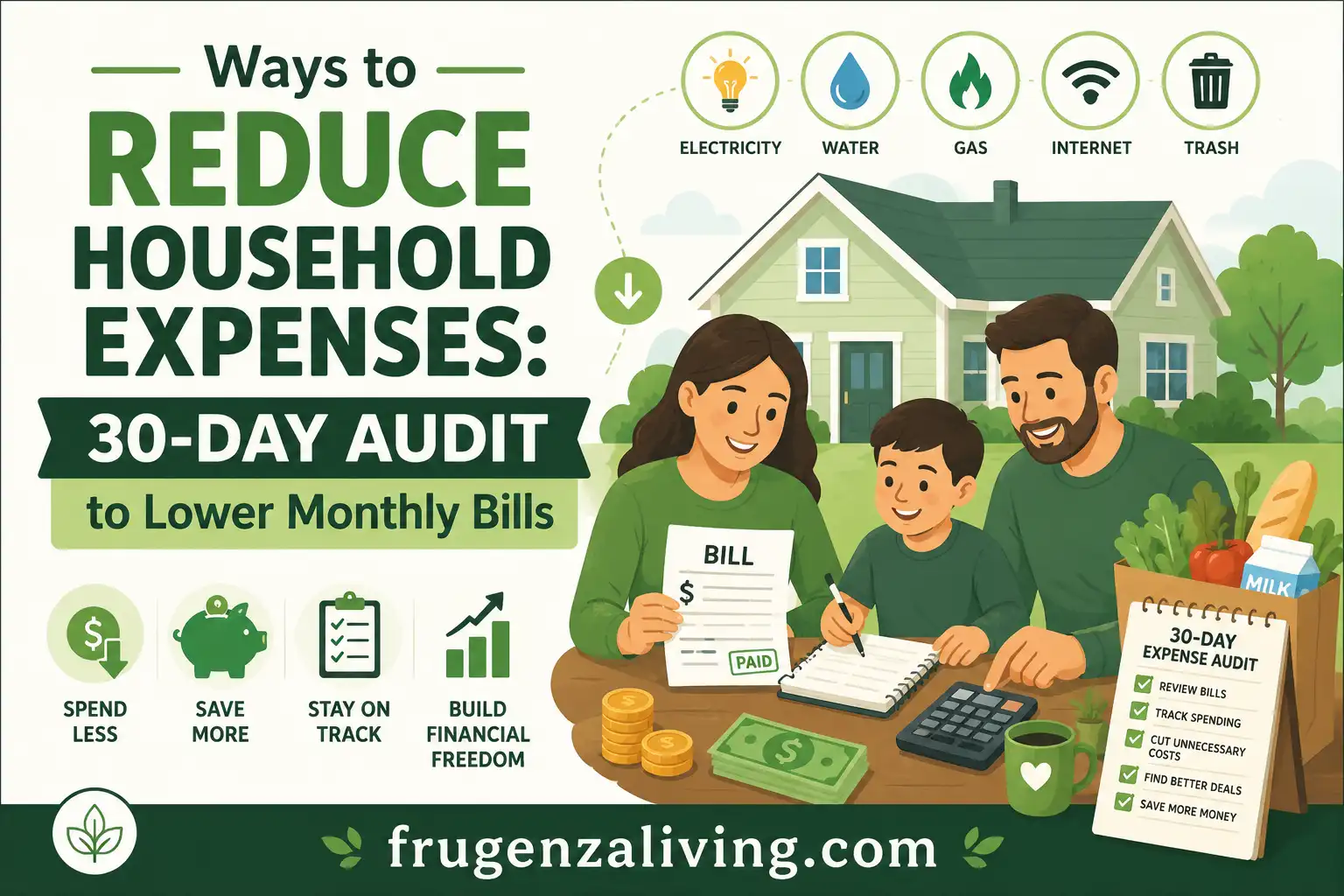 2D illustration about ways to reduce household expenses with family budgeting, monthly bills, groceries, utilities, subscriptions, and frugenzaliving.com branding