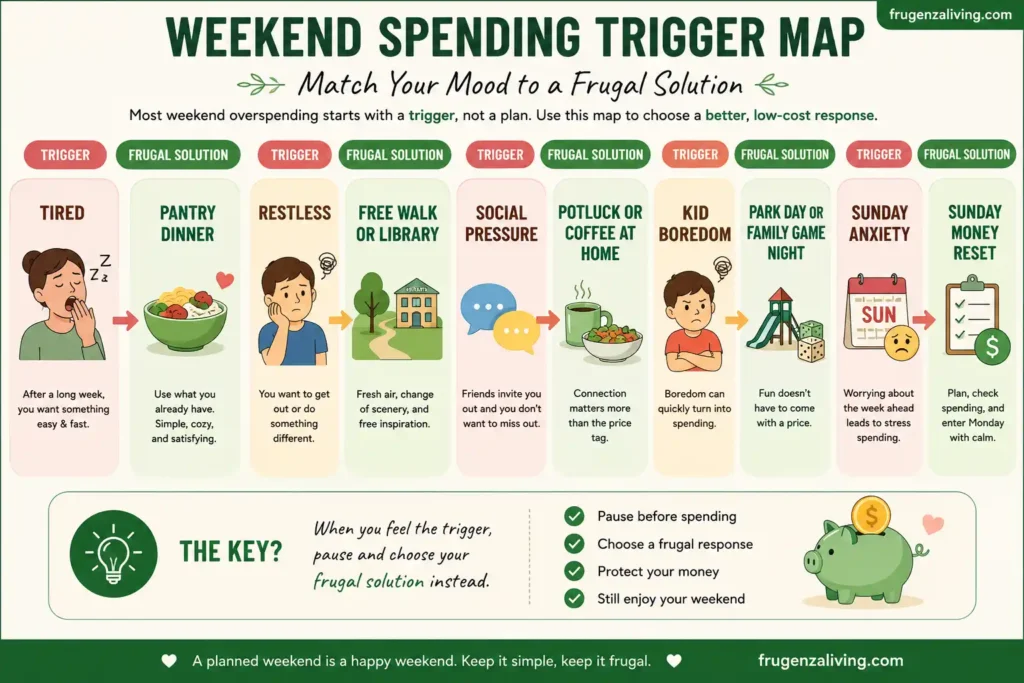 Frugal weekend trigger map showing how to replace weekend overspending with pantry dinner, free walk, potluck, park day, and Sunday money reset